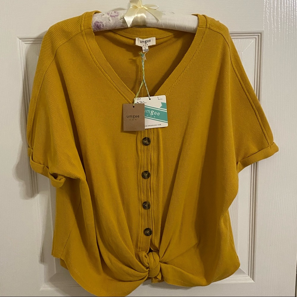 Umgee waffle button down blouse, Large, Mustard Yellow